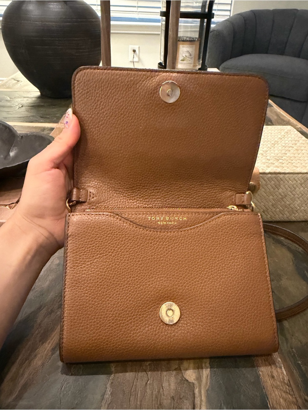 Tory Burch Brown Pebbled Leather Chain-Trim Crossbody - Picture 2 of 7